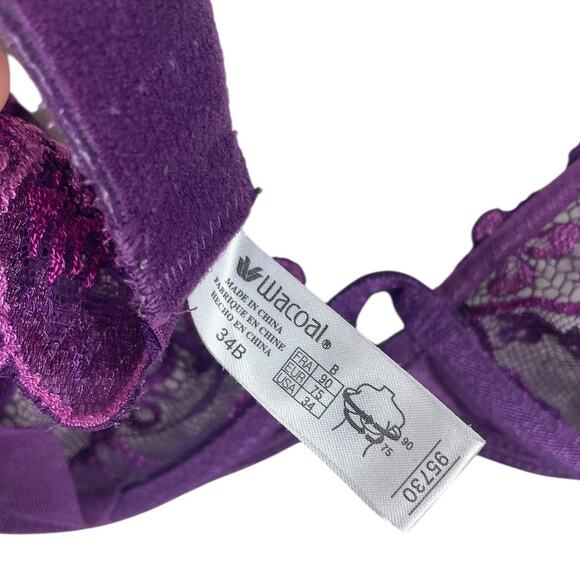 Wacoal Lace Plunge Bra Floral Sheer Feminine Romantic 95730 Purple Size 34B - Picture 12 of 12